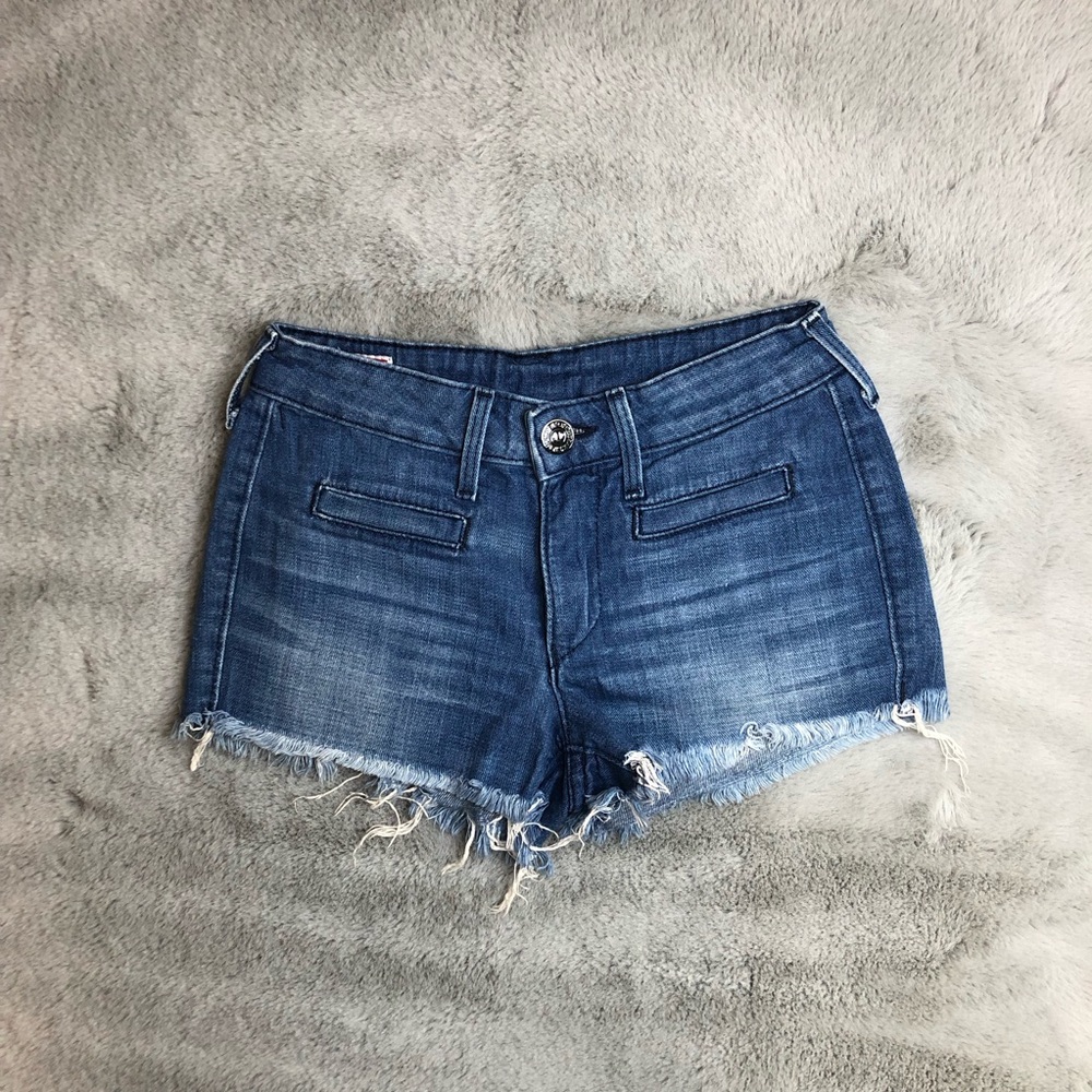 True Religion Distressed Dark Blue Denim Cutoff Shorts
